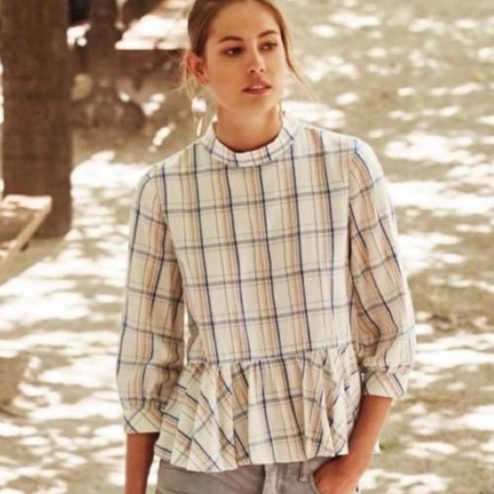 Anthropologie Academia Plaid Peplum Lightweight blouse Sz 0